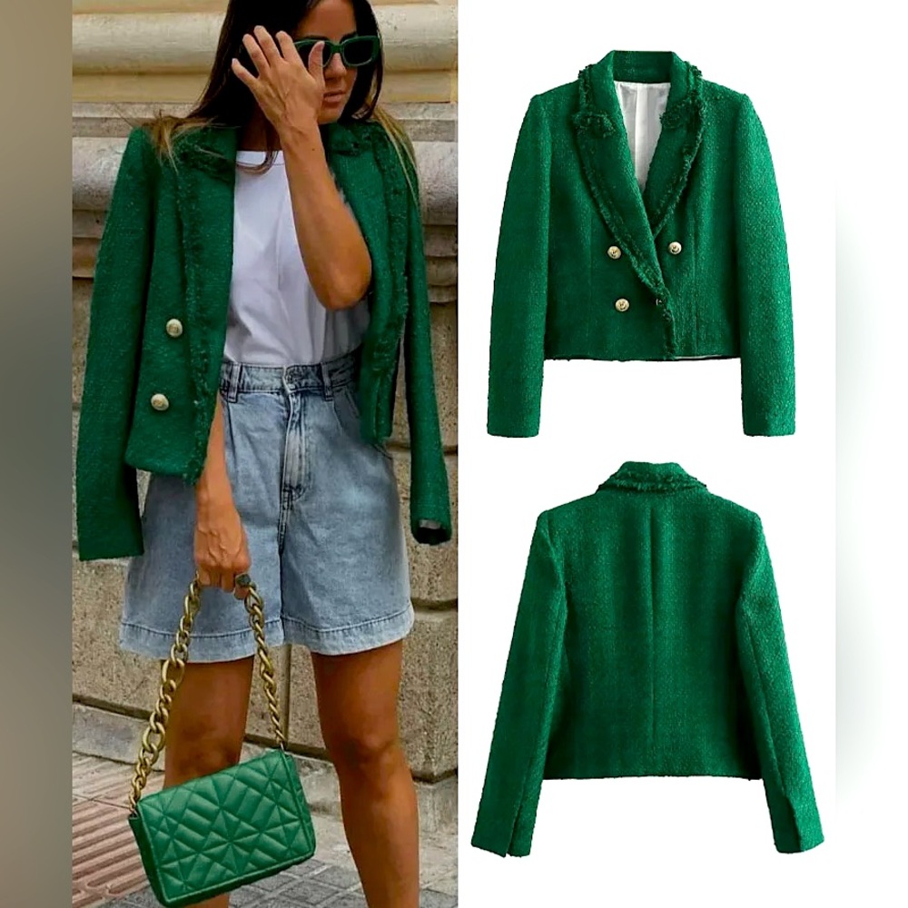 🆕(NWT) ZARA Bloggers Fav Green Tweed Double Breasted Cropped Blazer. Size XS